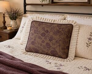 Purple Brown Floral Quilted Pillow Sham Pleated Ruffle Cottagecore Farmhouse